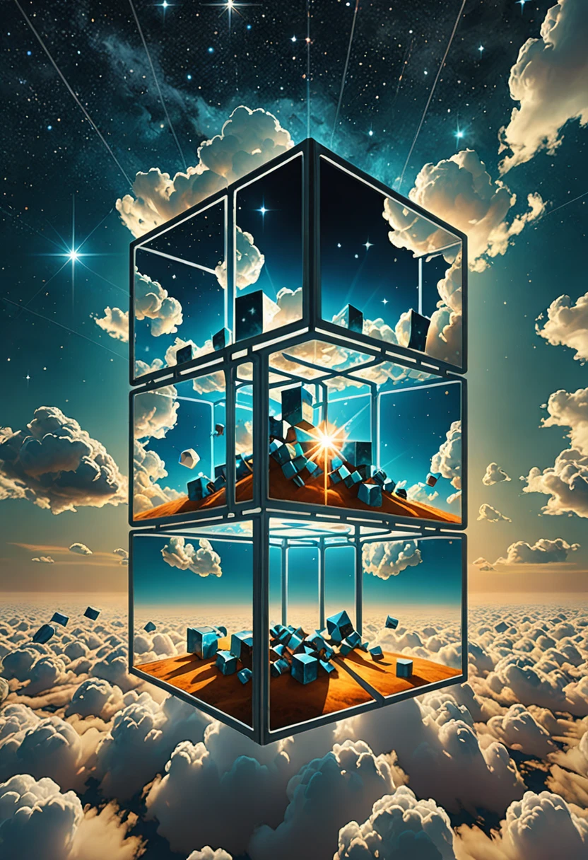 Bosch style, Translucent cube captures eerie clouds, the Star scape warps, Time warp, Surrealism prevails, Star, Luminescence, 闪闪Luminescence的