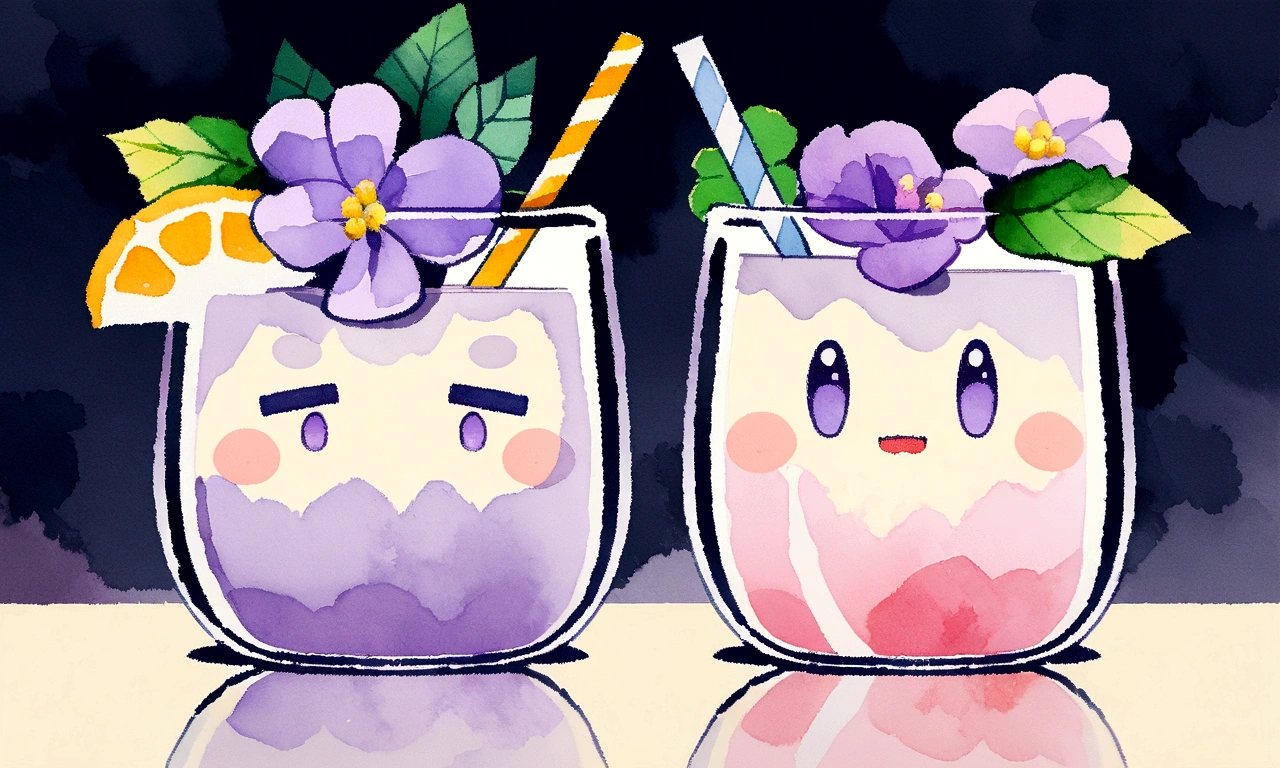 Purple flowers in a glass with a straw and a straw in it, 🌺 society, by Oze Kanaoka, Highly detailed watercolor 8k, Highly detailed watercolor 8k, relaxed and calm atmosphere, Watercolor illustration style, Artgasm, Highly detailed background, Lo-fi art style, Chill Hop, Shiny digital painting, Lofi Color, Official artwork