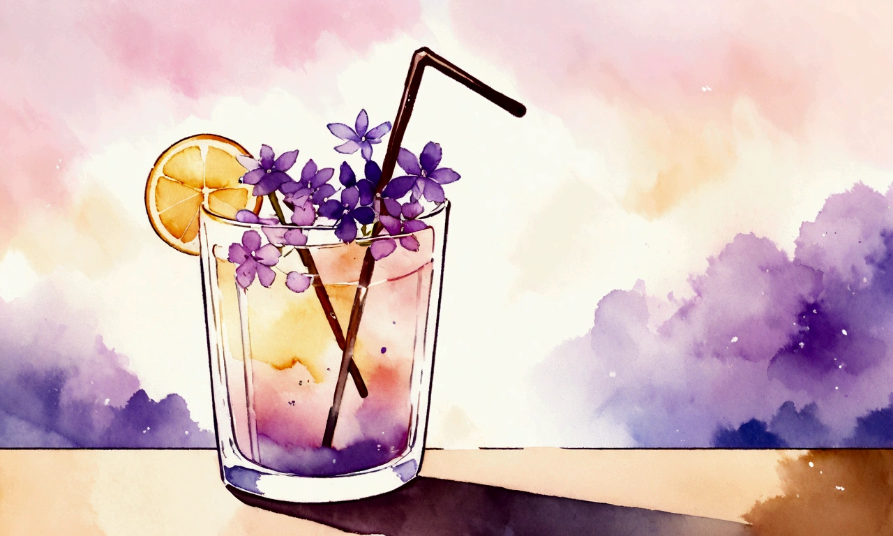 Purple flowers in a glass with a straw and a straw in it, 🌺 society, by Oze Kanaoka, Highly detailed watercolor 8k, Highly detailed watercolor 8k, relaxed and calm atmosphere, Watercolor illustration style, Artgasm, Highly detailed background, Lo-fi art style, Chill Hop, Shiny digital painting, Lofi Color, Official artwork