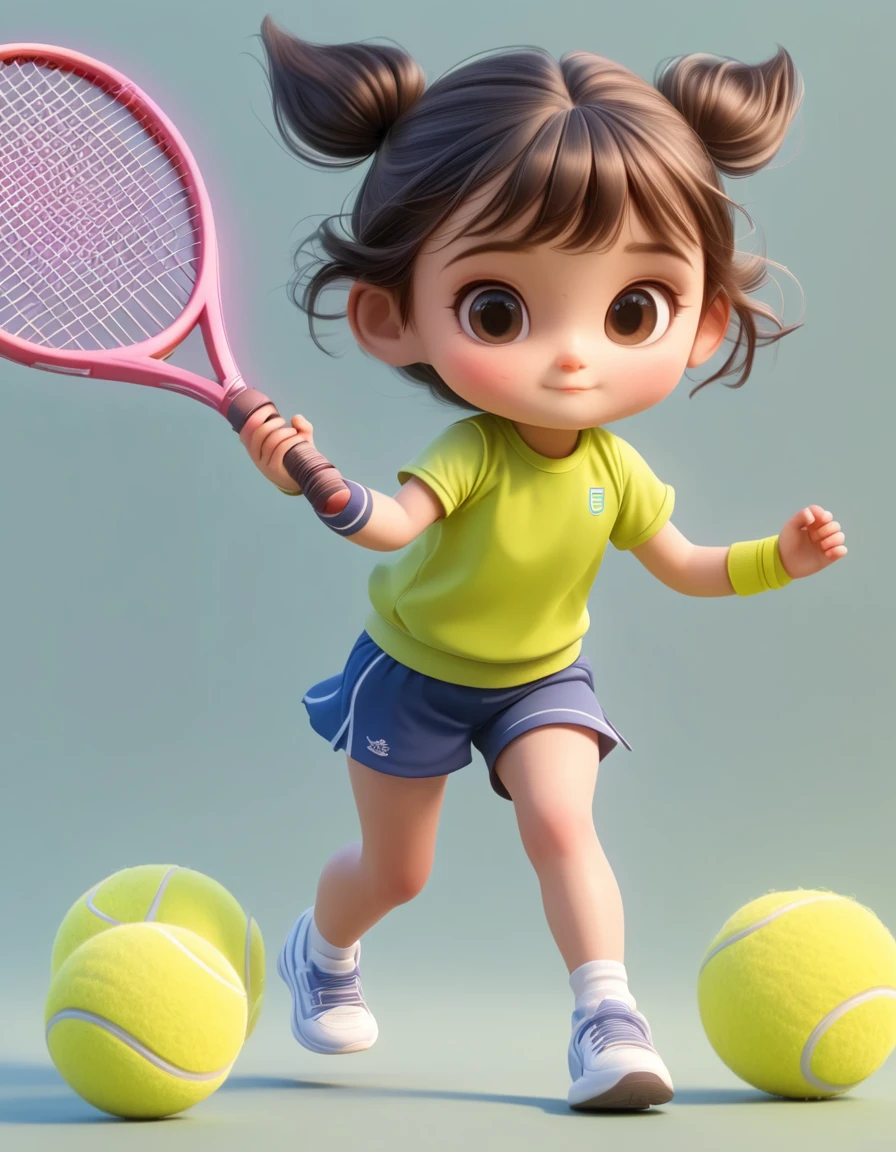 3d，little girl playing tennis，Sportswear Set，Cartoon Style，Extreme details，Accurate limbs