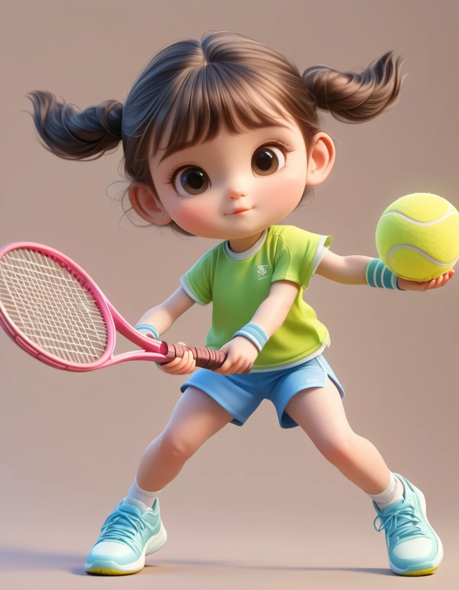 3d，little girl playing tennis，Sportswear Set，Cartoon Style，Extreme details，Accurate limbs