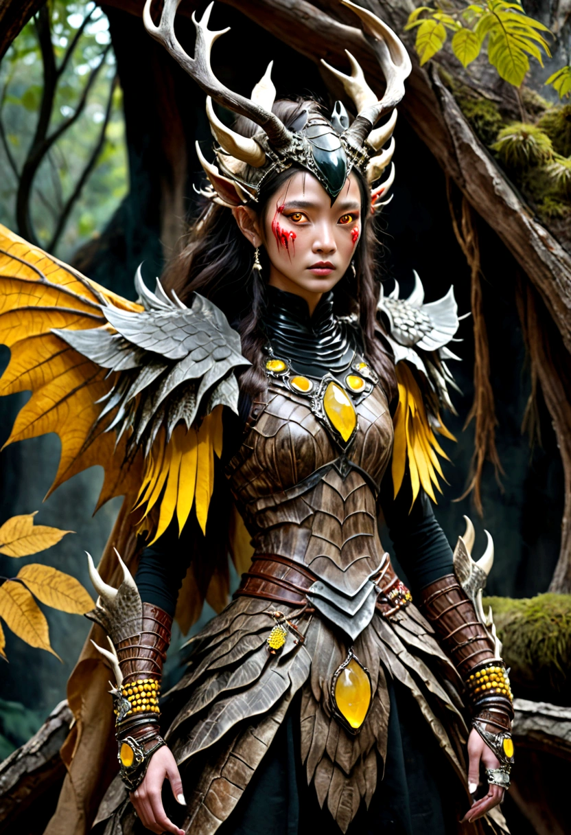 YOUNG WOMAN, YOUNG GIRL, strange, secretive, mysterious creature, HAS large pitch black wings, clothes made from the skin of a wild bull full of blood, flat facial expression, cold teary eyes, her head grows very large. huge deer antlers, tied His waist was made of tree roots, he wore trousers made of dragon skin, his arms were covered with three layers of thick tree bark armor, and on his left and right arms were bracelets made of yellow jade. In his left and right hands he holds a keris made of sparkling marble. Her shoes were made of rhinoceros skin, and the beautiful young woman wore a male crocodile skin patch around her neck. original photos, real photography, natural, professional. Make it a masterpiece

