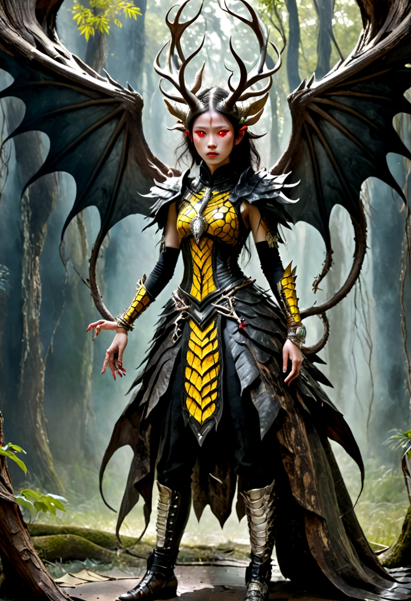 YOUNG WOMAN, YOUNG GIRL, strange, secretive, mysterious creature, HAS large pitch black wings, clothes made from the skin of a wild bull full of blood, flat facial expression, cold teary eyes, her head grows very large. huge deer antlers, tied His waist was made of tree roots, he wore trousers made of dragon skin, his arms were covered with three layers of thick tree bark armor, and on his left and right arms were bracelets made of yellow jade. In his left and right hands he holds a keris made of sparkling marble. Her shoes were made of rhinoceros skin, and the beautiful young woman wore a male crocodile skin patch around her neck. original photos, real photography, natural, professional. Make it a masterpiece