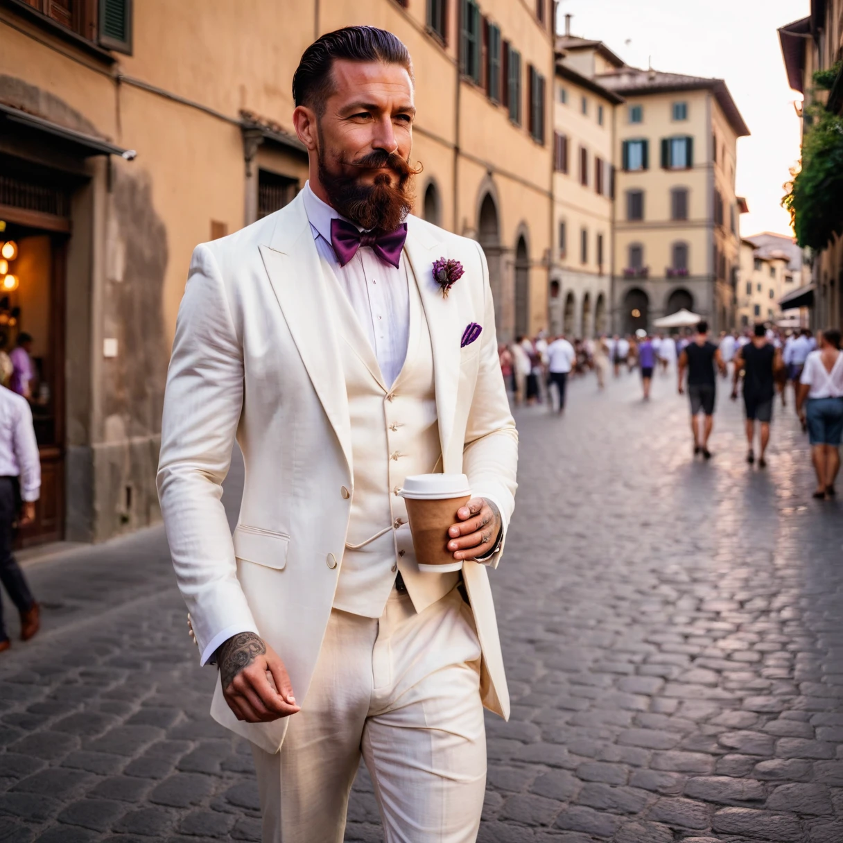 photorealistic, cinematic, raw photo, low angle shot, man, 39 years old, dark red hair, slick back hairstyle, long beard with a lush curled mustache , tattoos everywhere, wearing off-white linen three-piece suit, white linen shirt, purple silk stripted bow tie, walks the streets of Florence , drinks coffee, summer, sunrise, happy, smiling