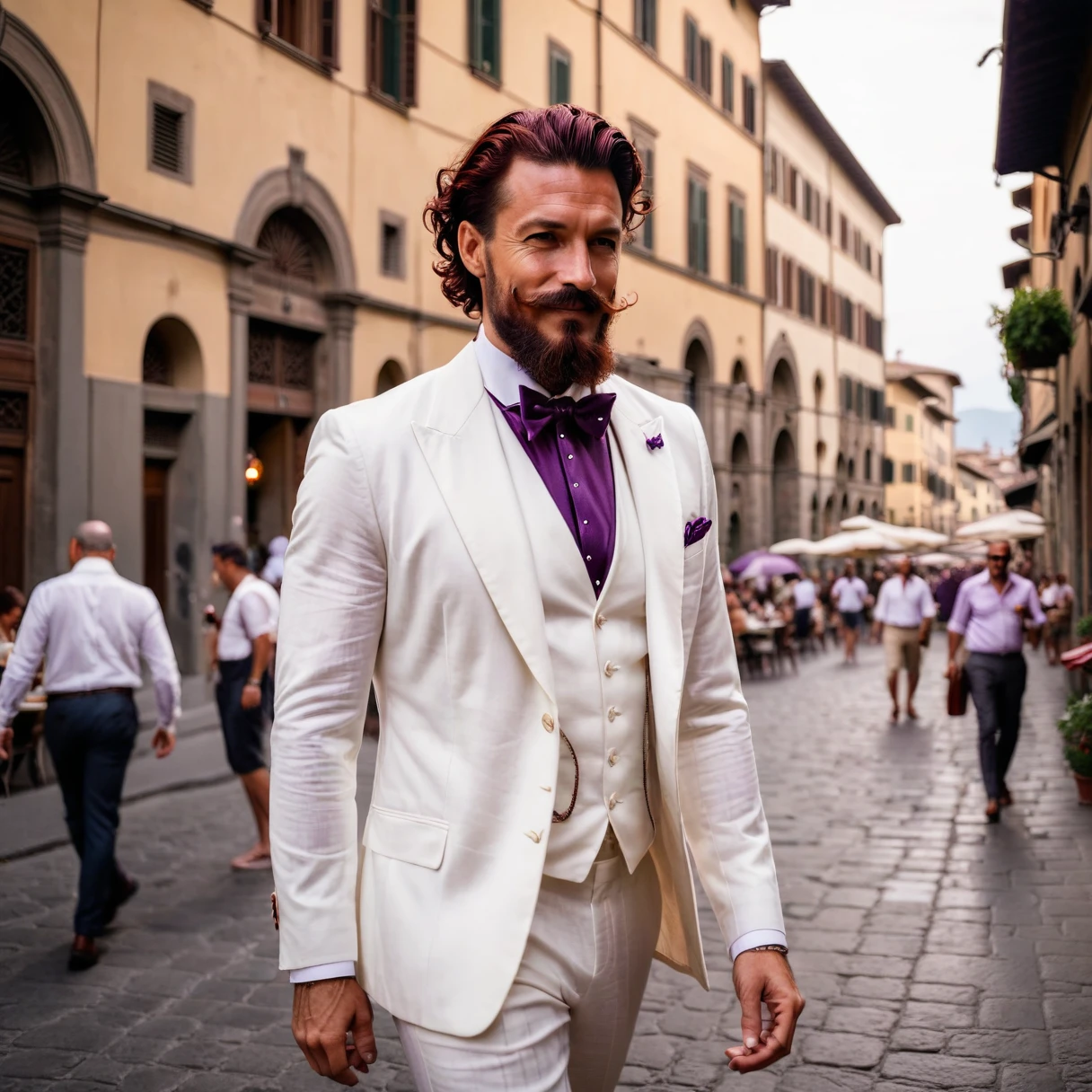 photorealistic, cinematic, raw photo, low angle shot, man, 39 years old, dark red hair, slick back hairstyle, long beard with a lush curled mustache , tattoos everywhere, wearing off-white linen three-piece suit, white linen shirt, purple silk stripted bow tie, walks the streets of Florence , drinks coffee, summer, sunrise, happy, smiling
