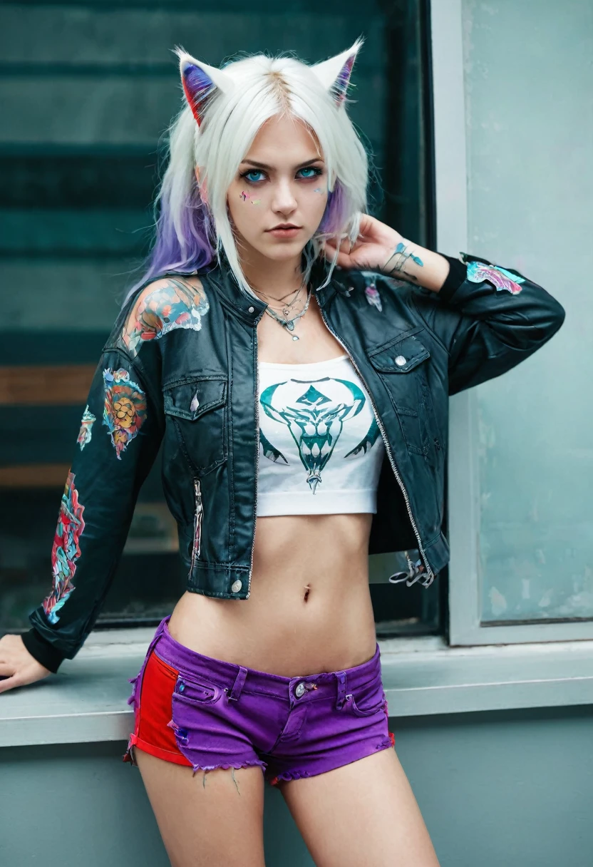 Adult girl, long white hair, cat ears, cat tail, multi-colored eyes, heterohromia, left eye purple, right eye turquoise, red learher ripped spike jacket, white tight top, purple print, blue shorts, lot of tattoo, scars, open belly, small breasts, wide neckline, boob window, window in chest, little muscles, smirk, claws, hands behind head, Masterpiece, best quality, Full HD, 8k, ultra details, great graphic