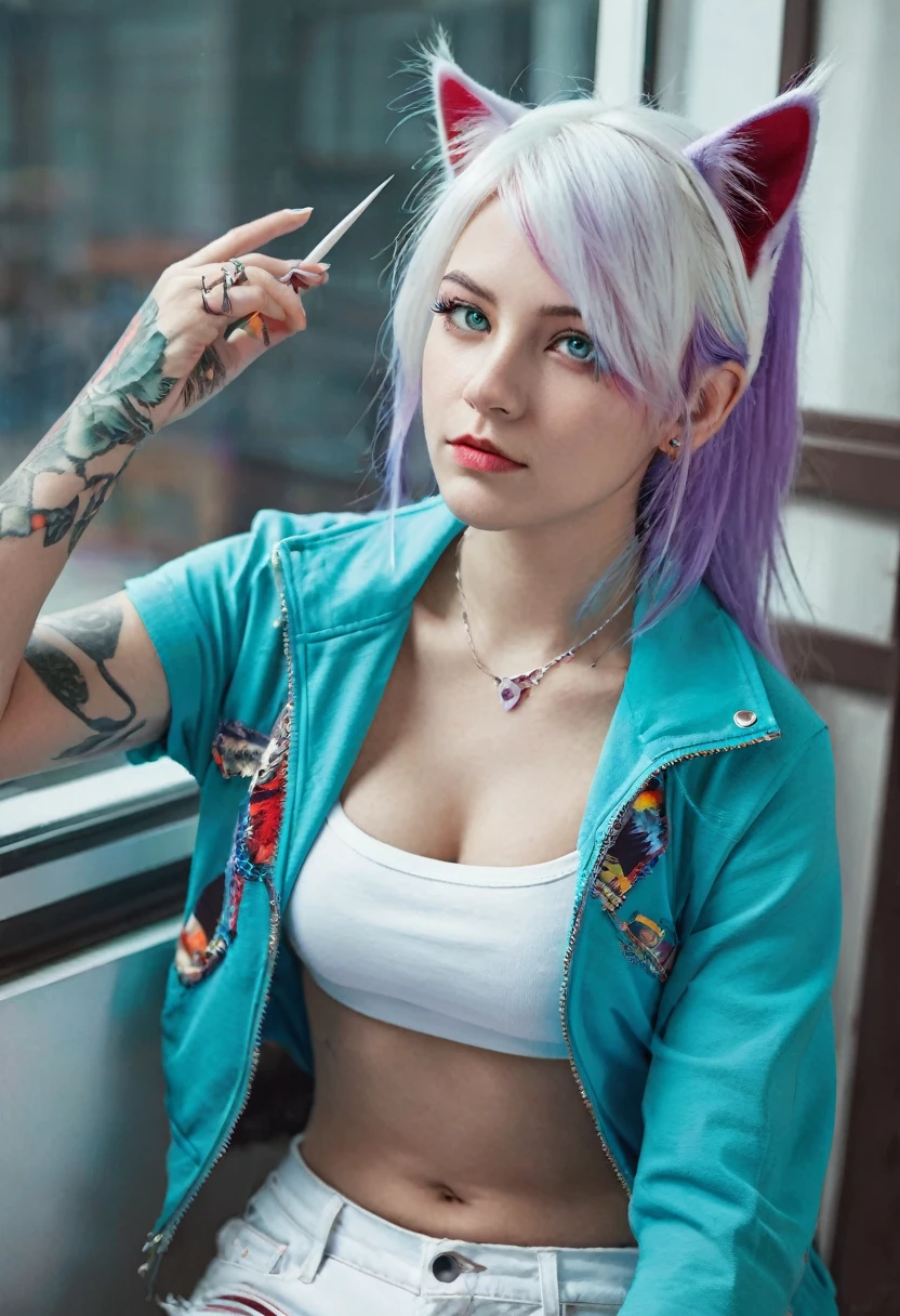 Adult girl, long white hair, cat ears, cat tail, multi-colored eyes, heterohromia, left eye purple, right eye turquoise, red learher ripped spike jacket, white tight top, purple print, blue shorts, lot of tattoo, scars, open belly, small breasts, wide neckline, boob window, window in chest, little muscles, smirk, claws, hands behind head, Masterpiece, best quality, Full HD, 8k, ultra details, great graphic