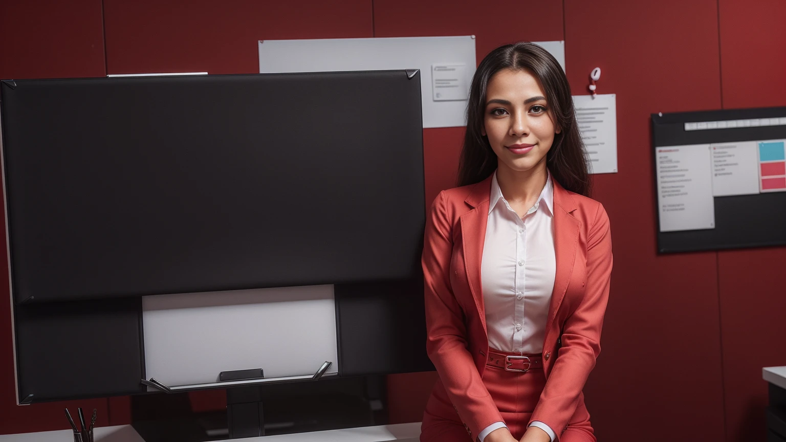 a friendly customer service representative, expressive eyes, warm smile, professional attire, office setting, 8k, masterpiece, RAW photo, best quality, photorealistic, extremely detailed CG unity 8k wallpaper, Depth of field, Cinematic Light, Lens Flare, Ray tracing, (extremely beautiful face, beautiful lips, beautiful eyes), intricate detail face, ((ultra detailed skin)), ((1girl:1.9)), ((alone:1.9)), ((17years old)), (big smile;1.4), (beautiful and aesthetic:1.2), deep shadow, (sharp focus), [(((Emilicia-Gomez:1.9)))], pretty girl, (very slim slender fit-muscled body:1.9), (((business-style fashion:1.9))), (((stylish ((red:1.5)) clothes),business-coat)), (((office background:1.9),office)), (shiny skin), clear eyes, (pale skin), ((whole-body-view:1.9)), ((full-body:1.9, cinematic shot)), soft lighting, (flowing dark-black hair), (looking at viewer:1.8),  ((beautiful legs:1.2)), (large breasts:1.2), highly detailed, ultra realistic, extremely detailed and realistic ((red:1.5)) clothes.