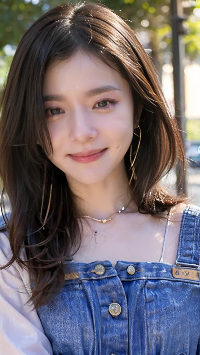 (masterpiece、Highest quality、Very detailed:1.42)、Female in her late s、Portraiture、Blurred cityscape at dusk、Silhouette of buildings and street lamps、Medium length dark brown hair、natural wavy curls、The wind is blowing softly、Some hair falls to the side of the face、Skin is smooth、Healthy olive color、The tan lines are faintly visible、Natural redness on the cheeks、I have a few small laugh lines on my forehead、Eyes with dark brown irises、The pupil is shining, Reflects light、Long curled eyelashes、Highlights the eyes、Eyebrows are thin and trimmed、Natural Arch、Small nose、straight、straight nose、lips are plump、soft pink lip gloss、White silk blouse、The denim jacket is a little thin..、His sleeves are lightly rolled up、A simple silver bracelet on her right wrist、A small diamond earring sparkles in her left ear..、The expression is calm、have confidence、smile、(((Emphasize the contrast between light and shadow)))、Realistic textures and facial details、((((Detailed explanation))))