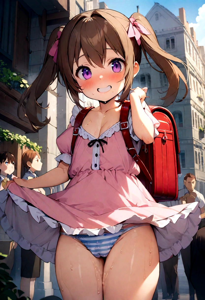 masterpiece, Highest quality, Nico_Yazawa,High resolution, 1 Girl, alone, Brown Hair, short hair, Twin tails、Purple eyes, Cowboy Shot, Frill dress, , Pink Dress, (Cleavage)、(Beautiful thighs)、city, Outdoor, garden, Carrying a red backpack, (randoseru backpack:1.2) Sweaty、Thick thighs、Highest quality、4K、1girl, 8years old, , cute, grin, 、Skirt lift striped underwear、In the city、Many passersby are surrounding the girl.、、Thick thighs、Mesgaquismileen masturbating while surrounding a girl、Semen from the penis、Bukkake、Bukkake、(Bukkake)