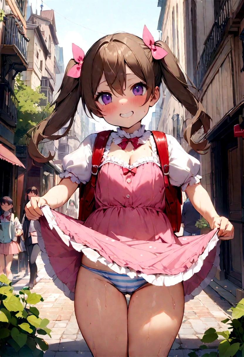 masterpiece, Highest quality, Nico_Yazawa,High resolution, 1 Girl, alone, Brown Hair, short hair, Twin tails、Purple eyes, Cowboy Shot, Frill dress, , Pink Dress, (Cleavage)、(Beautiful thighs)、city, Outdoor, garden, Carrying a red backpack, (randoseru backpack:1.2) Sweaty、Thick thighs、Highest quality、4K、1girl, 8years old, , cute, grin, 、Skirt lift striped underwear、In the city、Many passersby are surrounding the girl.、、Thick thighs、Mesgaquismileen masturbating while surrounding a girl、Semen from the penis、Bukkake、Bukkake、(Bukkake)