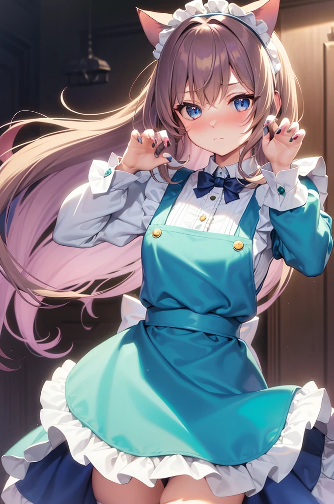 masterpiece, best quality,1girl, solo,whtie hair,medium hair,blue eyes,long sleeves,juliet sleeves,apron,maid,maid headdress,puffy sleeves,green dress,vest,buttons, white thighhighs,standing, looking at viewer, nose blush, (cat ear, claw pose:1.2),