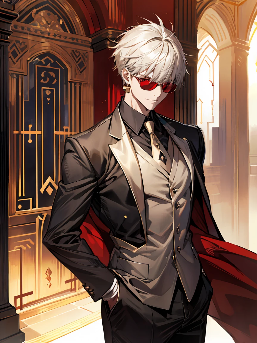 Absurd, High resolution, Super detailed, High resolution) masterpiece, Highest quality, Gilgamesh, Gray Hair, Expressive red eyes, sunglasses,alone, male, good looking, Firm chest, suit, dog earrings, jewelry, Gate of Babylon