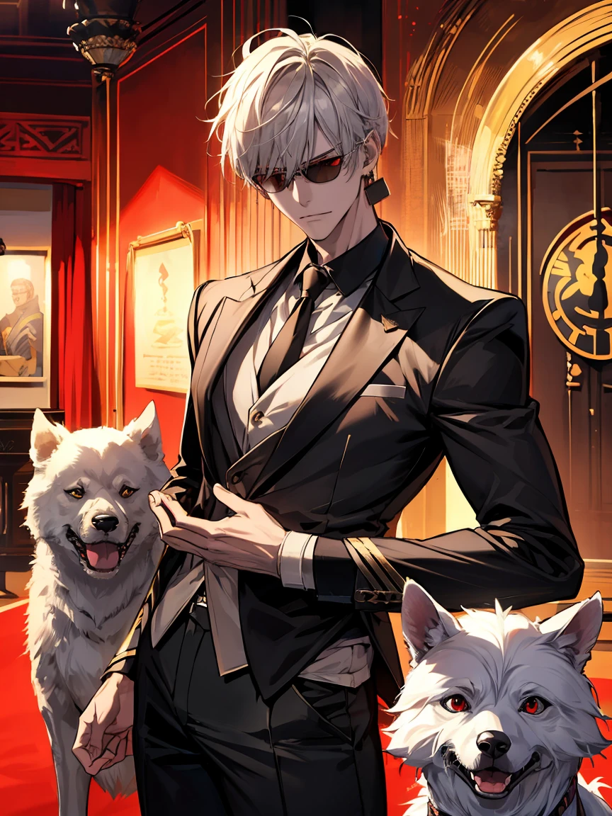 Absurd, High resolution, Super detailed, High resolution) masterpiece, Highest quality, Gilgamesh, Gray Hair, Expressive red eyes, sunglasses,alone, male, good looking, Firm chest, suit, dog earrings, jewelry, Gate of Babylon