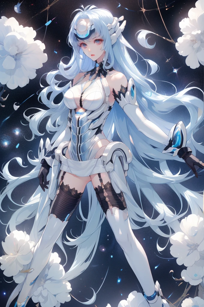 One Woman、whole body、(Spacewalk)、skinny、(Highest quality)tall、White garter stockings、Nipples、Light blue long-haired、Expressionless、White long gloves、Beauty