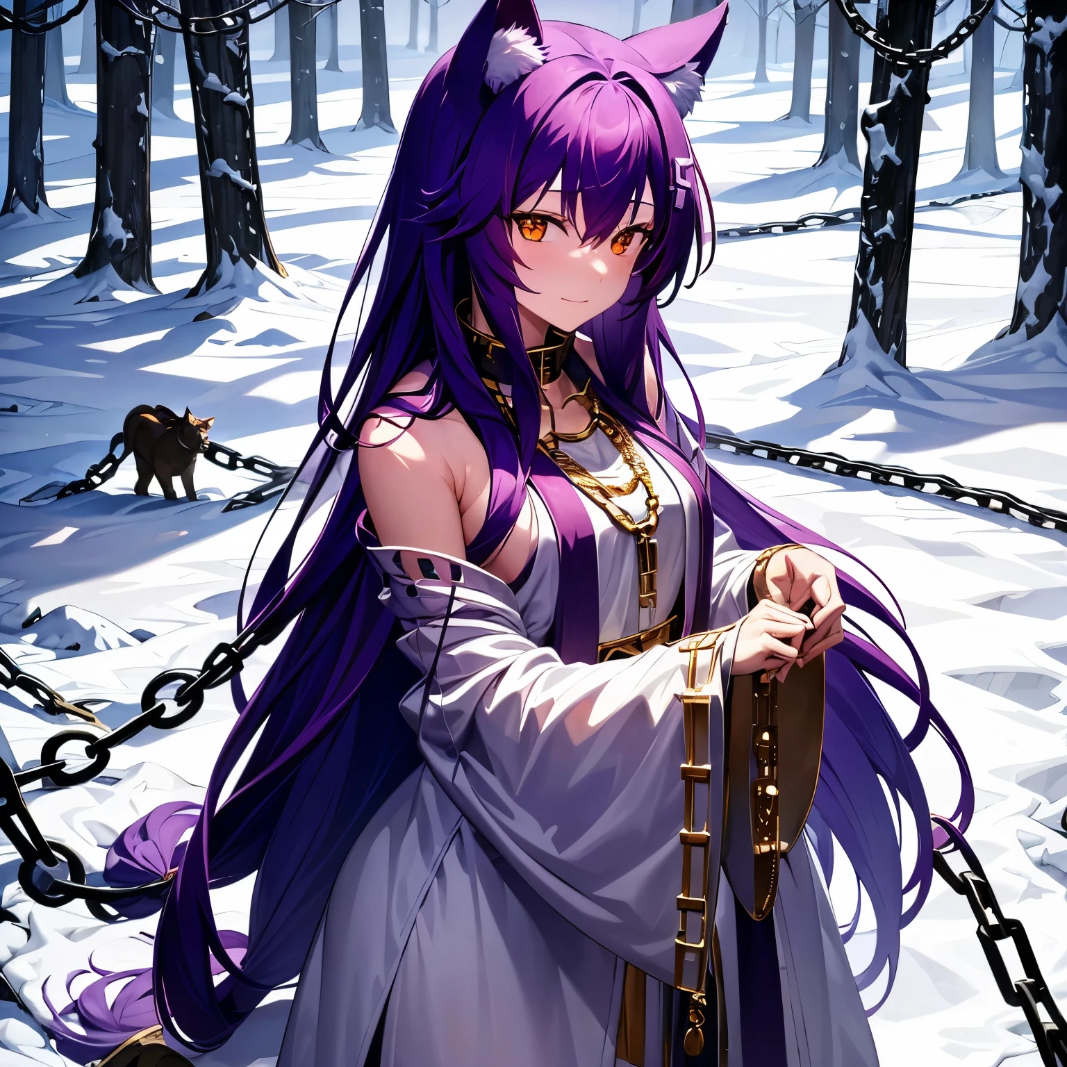 fenrir, long hair, purple hair, outdoor, winter, forest, snow, ((Chainned by golden chain)), tattered clothes, white dress, upper body, smile, masterpiece,