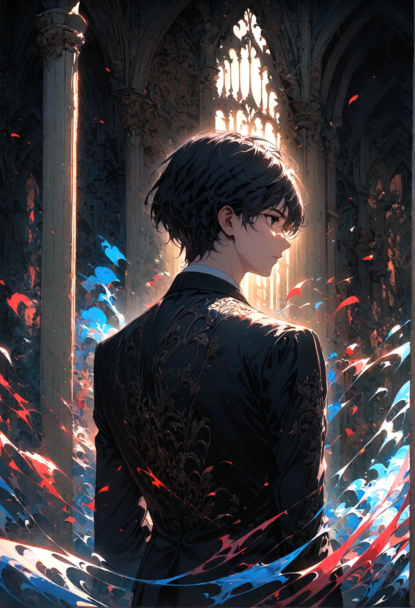 A young man with black hair, black eyes, a black suit stood alone with his back turned half his face in the palace at night.