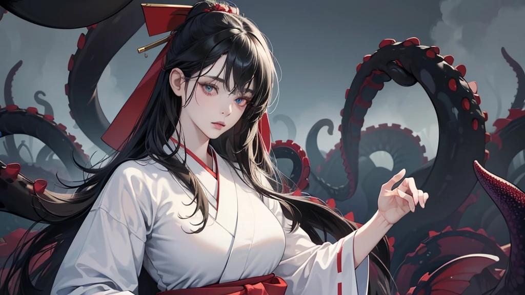(perfect anatomy:1.2)(absurdres, highres, ultra detailed),masterpiece,best quality,high resolution,8K,Realistic face,Realistic skin texture,magnified textures, stunning clarity,(1 girl),detailed anime girl,japanese lowteen girl,ultra detailed eyes and face,(black hair),long hair,creepy swamp,mysterious eyes,midnight,(tentacles in the background:1.2),pale skin,Japanese shrine maiden, ,(white kimono),(red hakama) thin body type,big breasts,(expressionless:1.2),(from front:1.2),upper body,,Daytime,(look at viewer)