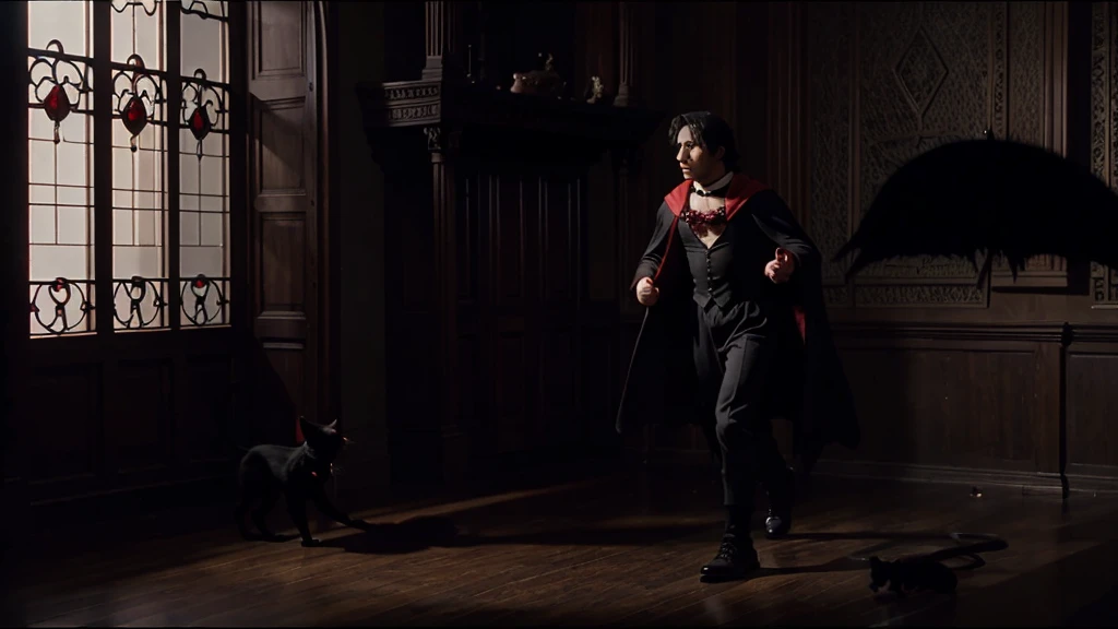 a black cat, red cape, amulet collar, chases after rat in a gothic mansion, high detail, atmospheric, 1980s anime screen caps