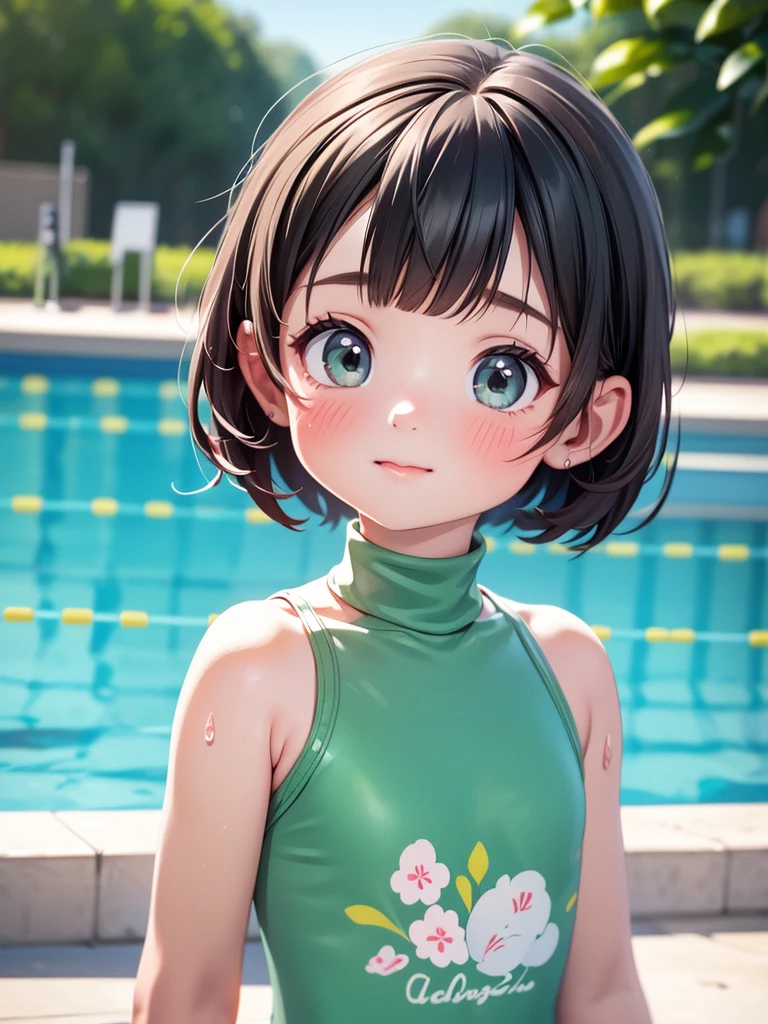 Highest quality、High resolution、Detailed Background、(Beautiful face in every detail:1.4)、Anatomically correct、(Detailed facial expressions)、(Fine grain:1.2)、age Beauty、Cute hair colour、Braided bob cut、Junior competitive swimmer, ((Turtleneck one-piece swimsuit)), Clear metallic green swimsuit, Small breasts、Perfect body line、Thick thighs、((Full body shot)), View your viewers, Poolside, Wet Skin, School swimming pool、 I&#39;m tired from practice and a little sleepy., Gentle smile、Hands behind the body, (armpit), Fun atmosphere、Cute gestures