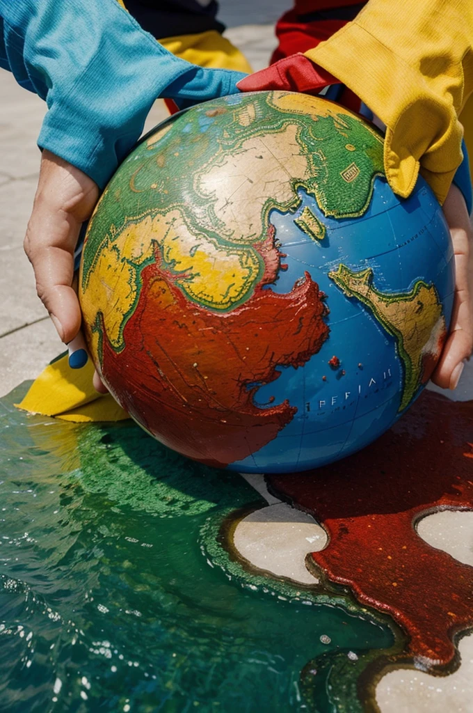 Create a Logo with elements of red, green, yellow, blue with a picture of people (or hand) achieving glory for the archipelago (Indonesia globe)