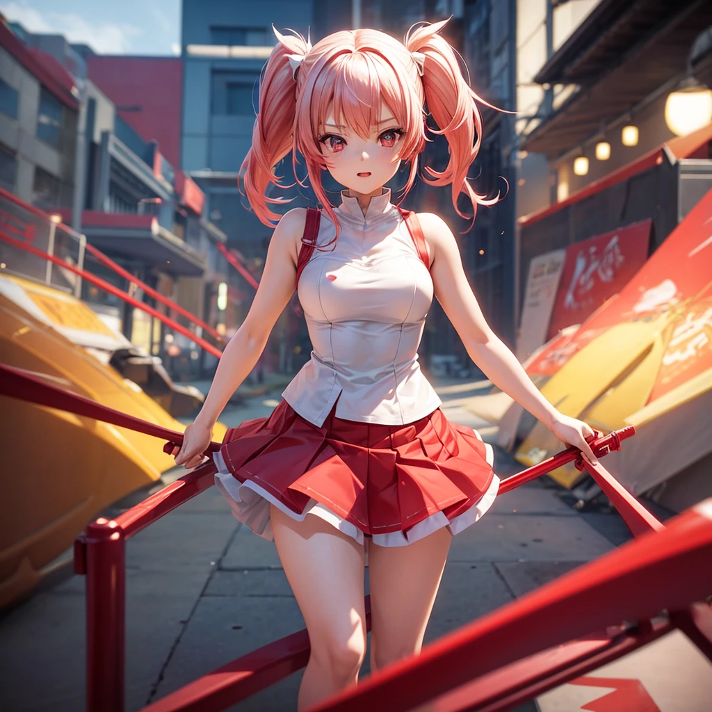 Anime, girl in a short miniskirt, red and white hair, Twin Tail, in a beautiful pose, 3D wallpaper 