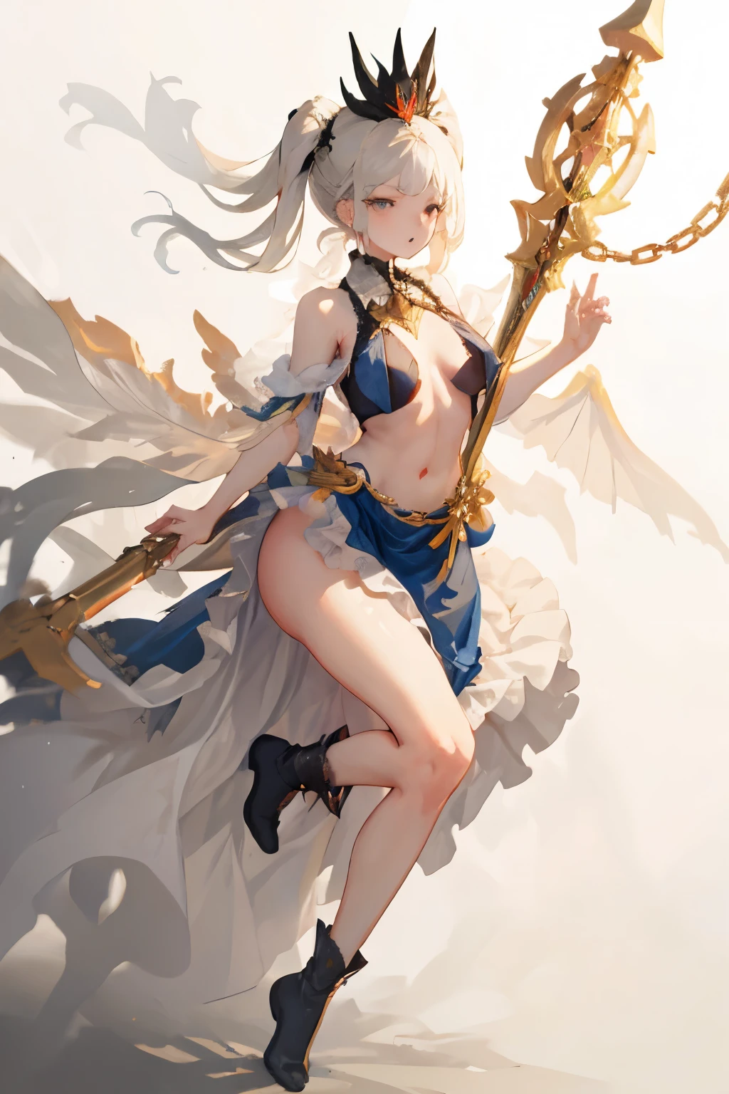  ((best quality)), ((masterpiece)), (detailed), 1girl, Character design, female, dynamic poses, long white grey hair, grey white eyes, very skinny, detailed, best quality, no accesoires around the neck, no shoes, prominent collarbones, skinny arms, flat stomach, visible hip bones, full body, blank white background, plain background, white background, red and white clothing, Bloodborne inspired, occult aesthetic, occult, detailed and intricate steampunk and detailed gothic, NSFW, Very dramatic and cinematic lighting, cosmic horror, grim-dark, side-lighting, perfect face, NSFW, Fluttering lace flared long knee length dress with frilly petticoats, knee length dress, pleated petticoats, petticoats gothic, complex lace boots, side-lighting, gothic aesthetic, wielding a mighty sword with mechanical components, mandalas, small breasts, a fairy, various different types of insect wings, beele wings, NSFW, full body, whole body, body, plain background, white background, blank background, no background, white background NSFW, chains, full body, whole body, head-to-toe NSFW 