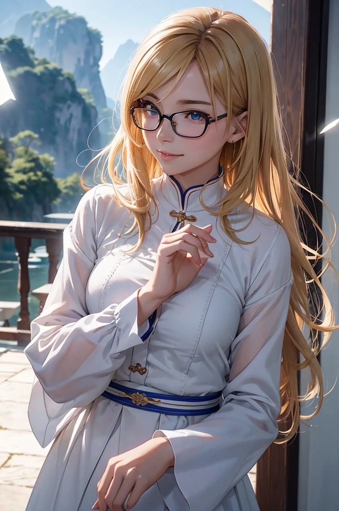 Modest chest, Beautiful Hips, Smooth upper abdomen, blue eyes , glasses ,buzzer, blue sky,adventure journey ,the gaze of true love, lips of temptation, A look full of compassion ,a smile full of love, i love you, Acting lovey-dovey, house wife,waist up, 35 years old,nsfw,Halong Bay,cruising, Ao Dai , air fortress hair, blonde hair