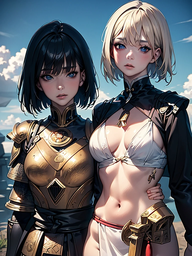 (8K, Highest quality, masterpiece:1.2), (Realistic:1.4), RAW Photos, Highest quality, Ultra-high resolution, Best Shadow, (whole body:1.4), Woman with short hair, Japanese Armor, Samurai sword, Large and amazing environment, Horror, dark Horror, Highly detailed facial features, Beautiful and perfect face, Perfect Eyes