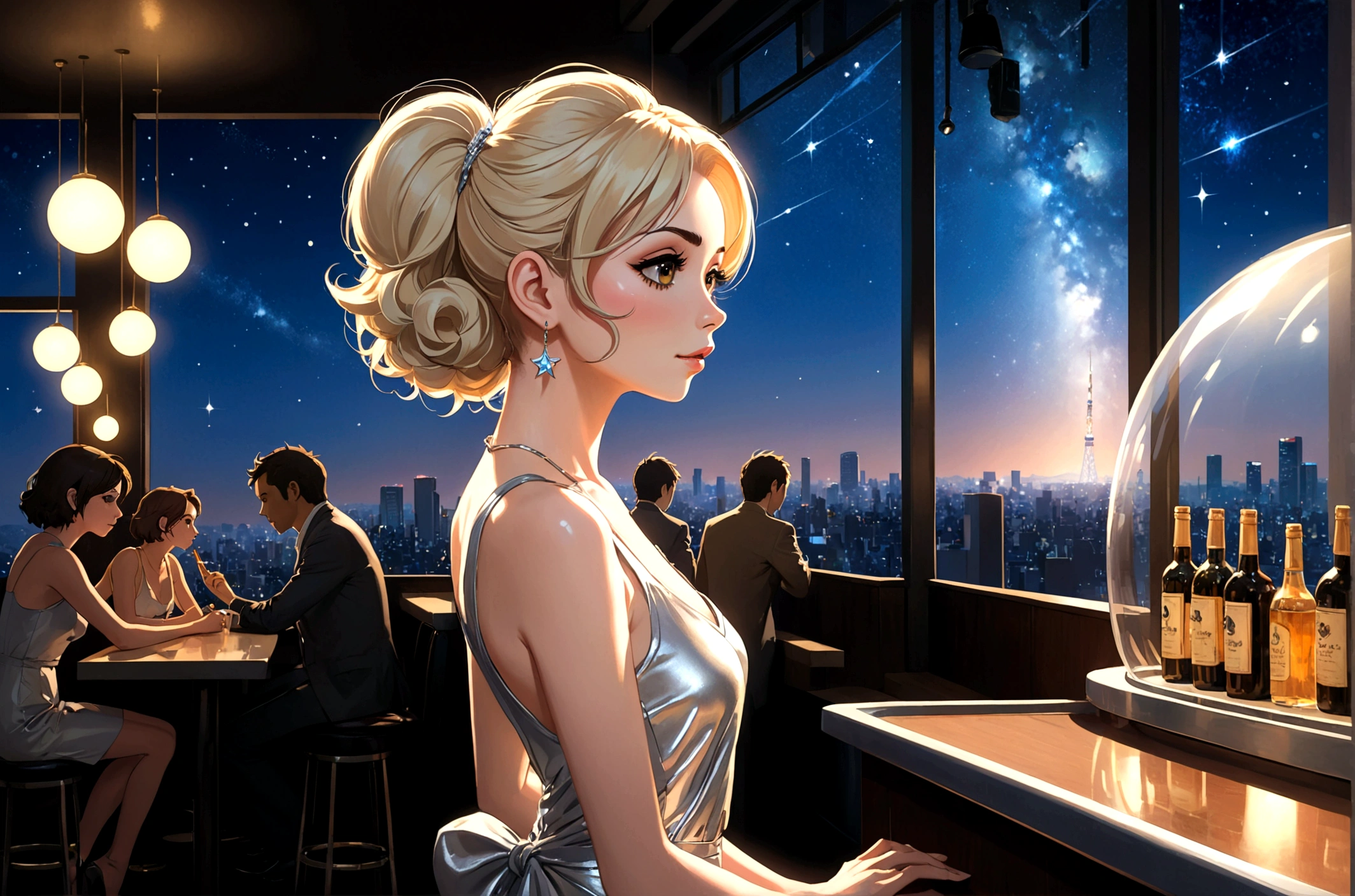 Uses Makoto Shinkai&#39;The depiction is perfect,Portrait of Miranda Kerr,8k 4k masterpiece photo ,NY,Glass ceiling jazz bar,There is a piano.,I can see the twinkling stars through the glass window.,that&#39;Outside in the dark night,Jazz is playing,profile,Beautiful profile,Semi-long hair,Blonde,Look in a different direction,Standing alone at the counter,Tight-fitting silver tank top dress,Small bust