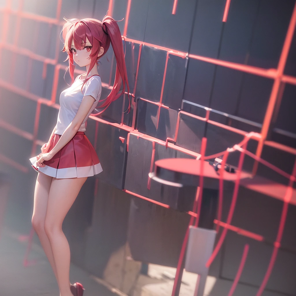Anime, girl in a short miniskirt, red and white hair, Twin Tail, in a beautiful pose, 3D wallpaper 