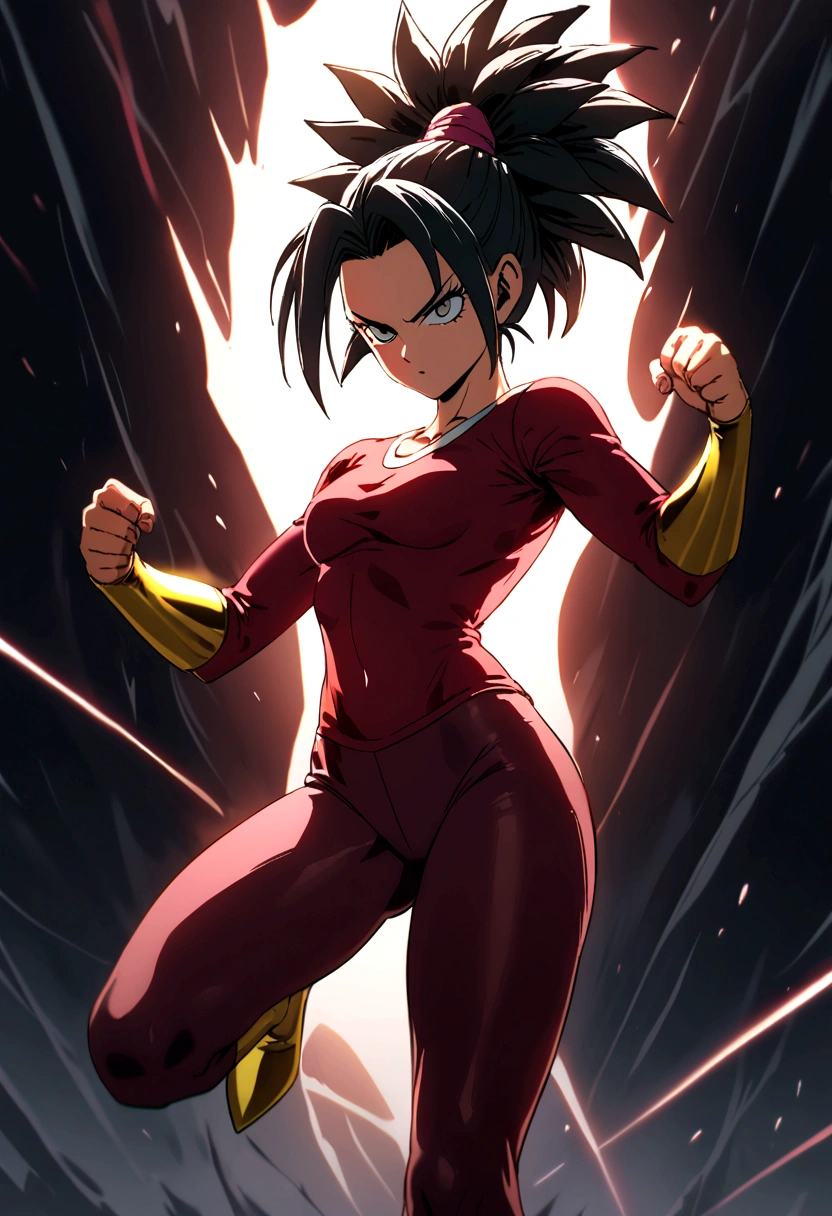 Kefla with black hair up, with red top and leggings, One punch man style