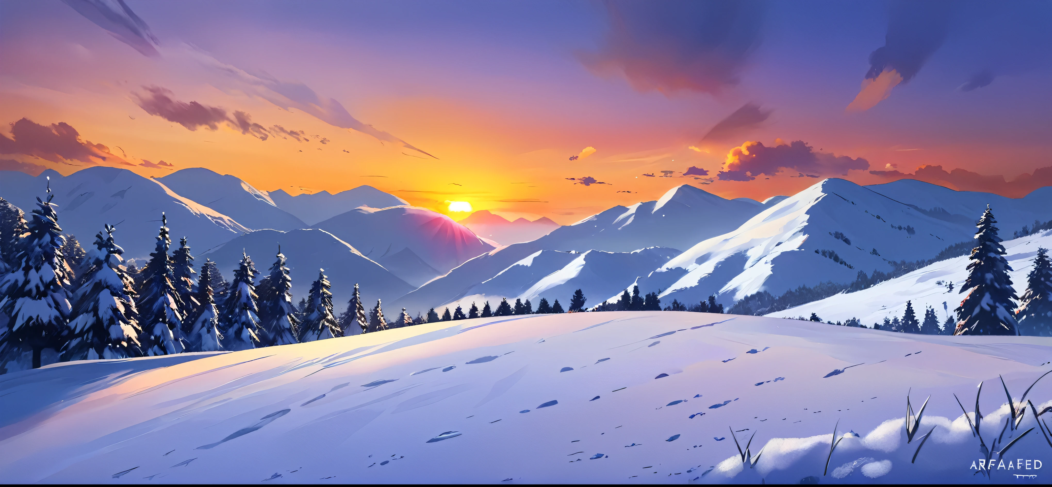 arafed view of a snowy mountain with a sunset in the background, cold but beautiful, warm beautiful scene, beautiful snowy landscape, 🌲🌌, snowy hill at sunrise, cold sunset, winter setting, beautiful winter area, mountains and colorful sunset!!, winter atmosphere, beautiful and spectacular dusk, carpathian mountains, winter landscape outside, in the snow mountains