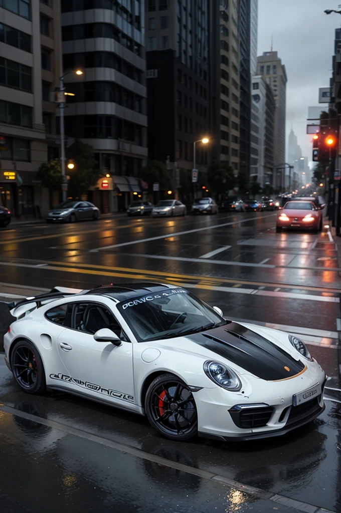 a Porsche 911 racing through the streets of San Francisco in the rain