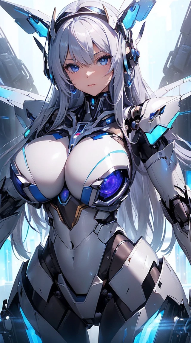 ((Intense action pose:1.6))、((Shining lenses on both breasts:1.3))、((Blue pillars of light are emanating from both chests.:1.3))、smile、((8K)), ((32k)), ((Highest quality)), ((masterpiece)), ((超A high resolution)), ((Tmasterpiece)), ((Halation:1.4))、((Mechaニカルheadgear:1.2))、((Cyber headphones:1.3))、Fine skin, High quality fabric, Fine metal texture、((Beautiful and dense face))、RAW Photos、Professional, Ultra-fine painting, ((alone)), Beautiful breasts、Highest quality, Very detailed, Very detailed詳細, Finer details, so beautiful, ((Princess Knight Robot:1.2)),  (Joints of machines, Mechanical Limbs:1.3), (The internal structure of the machine is exposed:1.3), (Long silver hair:1.1), (Beautiful and huge mechanical breasts)、White Veil, cowboy_shot, Side Focus, headgear, Shiny、(Five Fingers, Four fingers and thumb),Concept Art, Anime fantasy artwork, Detailed fantasy art, (with pale blue-violet hair and large white wings,,,,,,,), (((Long silver hair))), (Mecha:1.6)、Sleek and intimidating design, ((Commander-in-Chief&#39;arm)), (Perfect robot body)、純白と青紫armまたは, Symmetrical wings, 8K high quality, detailed art, 3D rendering of character art in 8K, neat legs, Defined, Defined fingers,