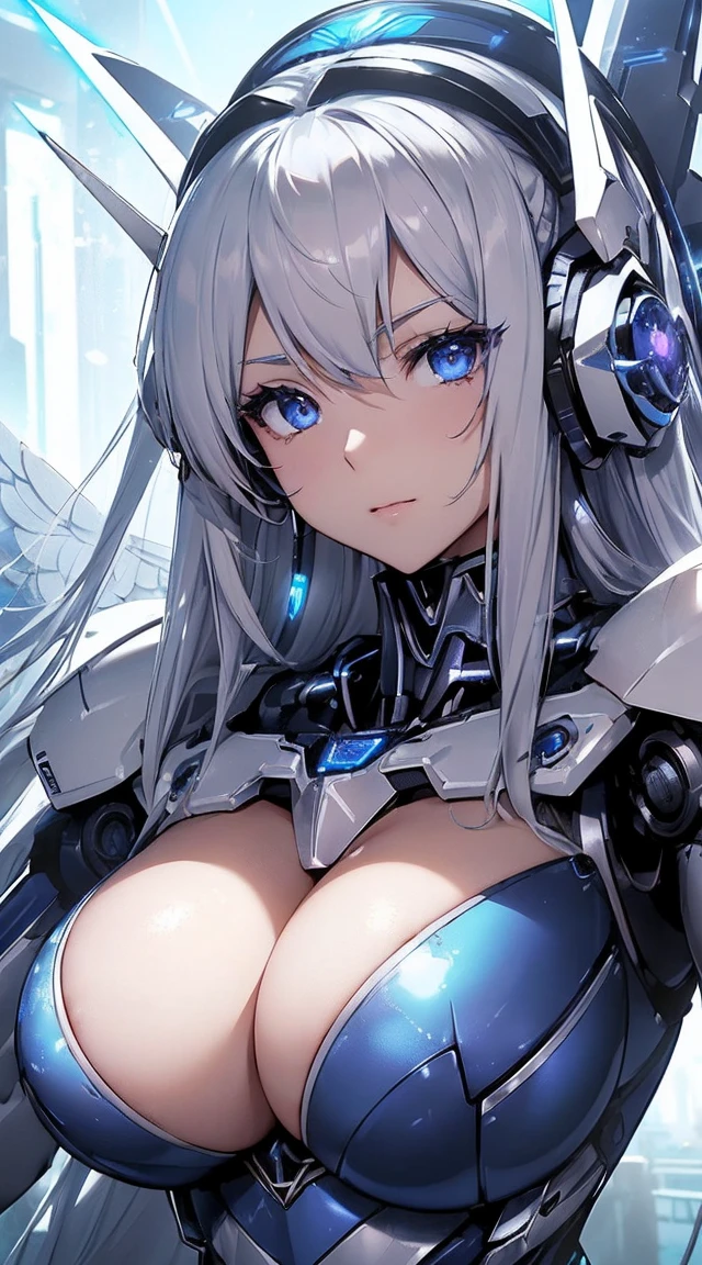 ((Intense action pose:1.6))、((Shining lenses on both breasts:1.3))、((Blue pillars of light are emanating from both chests.:1.3))、smile、((8K)), ((32k)), ((Highest quality)), ((masterpiece)), ((超A high resolution)), ((Tmasterpiece)), ((Halation:1.4))、((Mechaニカルheadgear:1.2))、((Cyber headphones:1.3))、Fine skin, High quality fabric, Fine metal texture、((Beautiful and dense face))、RAW Photos、Professional, Ultra-fine painting, ((alone)), Beautiful breasts、Highest quality, Very detailed, Very detailed詳細, Finer details, so beautiful, ((Princess Knight Robot:1.2)),  (Joints of machines, Mechanical Limbs:1.3), (The internal structure of the machine is exposed:1.3), (Long silver hair:1.1), (Beautiful and huge mechanical breasts)、White Veil, cowboy_shot, Side Focus, headgear, Shiny、(Five Fingers, Four fingers and thumb),Concept Art, Anime fantasy artwork, Detailed fantasy art, (with pale blue-violet hair and large white wings,,,,,,,), (((Long silver hair))), (Mecha:1.6)、Sleek and intimidating design, ((Commander-in-Chief&#39;arm)), (Perfect robot body)、純白と青紫armまたは, Symmetrical wings, 8K high quality, detailed art, 3D rendering of character art in 8K, neat legs, Defined, Defined fingers,