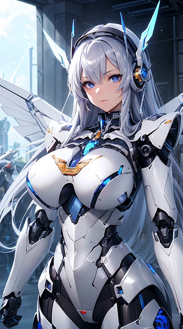((Intense action pose:1.6))、((Shining lenses on both breasts:1.3))、((Blue pillars of light are emanating from both chests.:1.3))、smile、((8K)), ((32k)), ((Highest quality)), ((masterpiece)), ((超A high resolution)), ((Tmasterpiece)), ((Halation:1.4))、((Mechaニカルheadgear:1.2))、((Cyber headphones:1.3))、Fine skin, High quality fabric, Fine metal texture、((Beautiful and dense face))、RAW Photos、Professional, Ultra-fine painting, ((alone)), Beautiful breasts、Highest quality, Very detailed, Very detailed詳細, Finer details, so beautiful, ((Princess Knight Robot:1.2)), (Joints of machines, Mechanical Limbs:1.3), (The internal structure of the machine is exposed:1.3), (Long silver hair:1.1), (Beautiful and huge mechanical breasts)、White Veil, cowboy_shot, Side Focus, headgear, Shiny、(Five Fingers, Four fingers and thumb),Concept Art, Anime fantasy artwork, Detailed fantasy art, (with pale blue-violet hair and large white wings,,,,,,,), (((Long silver hair))), (Mecha:1.6)、Sleek and intimidating design, ((Commander-in-Chief'arm)), (Perfect robot body)、純白と青紫armまたは, Symmetrical wings, 8K high quality, detailed art, 3D rendering of character art in 8K, neat legs, Defined, Defined fingers,