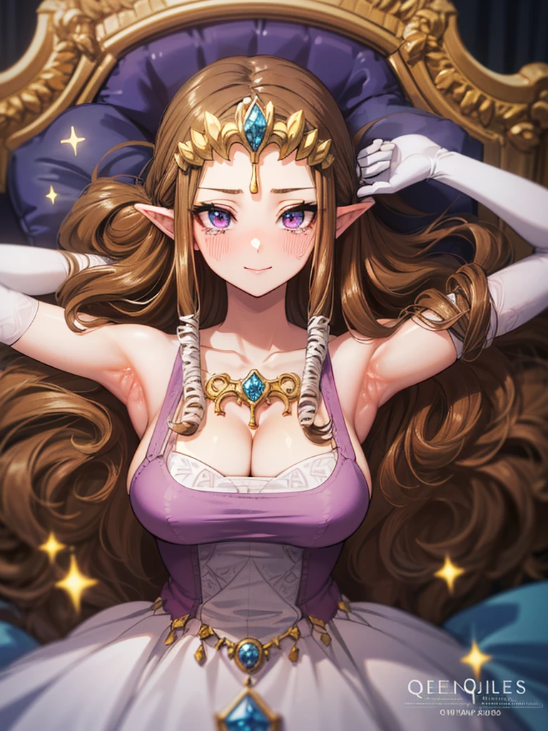 (Expressionless),((((Show your armpits)))))),((upper body)),((alone)),((Lying in bed)),Anime art style,masterpiece,(Highest quality), (Super detailed),(Very delicate and beautiful),(alone),(Detailed face and eyes),Beautiful eyes like jewels,(A truly gorgeous jeweled ruffled rococo ball gown dress),(((Mature Woman,Queen))),((1 Queen in a beautiful embroidery and jeweled absolutely gorgeous rococo ballgown dress with voluminous full length hoop skirt)),((crinoline)),Very detailedな絶対にゴージャスなロココボールガウンdressとフリルのボリュームのあるフルレングスのフープスカート,((Lots of straight hair,Very long straight hair with great volume,Super long straight hair)),,Cleavage,(bed),length_gloves,Very gorgeous hair ornament,Sparkling、A very gorgeous jewel-encrusted tiara,((Gorgeous Glitter Jewelry)),Full body portrait,((bangs)),((Golden hair ornament)),((((Front Face)))),((((Adult Expressions)))),((((Beautiful Face)))),((((dress)))),((smile)),(((Long Hair)))),((((Straight hair)))),((Cleavage)),((((Dark brown hair)))),Princess Zelda,((chest is slightly exposed)), ((Highest quality)),,(Very detailed) ,((Purple blouse)),((Put your arms behind your back)),Brown Hair,((Embarrassed look)),Blushing, ((Highest quality)), (Very detailed),((detailed)),(((pray))),nintendo, the legend of zelda),Crying face,Blushing,((alone)), ((Highest quality)), (Very detailed), ,