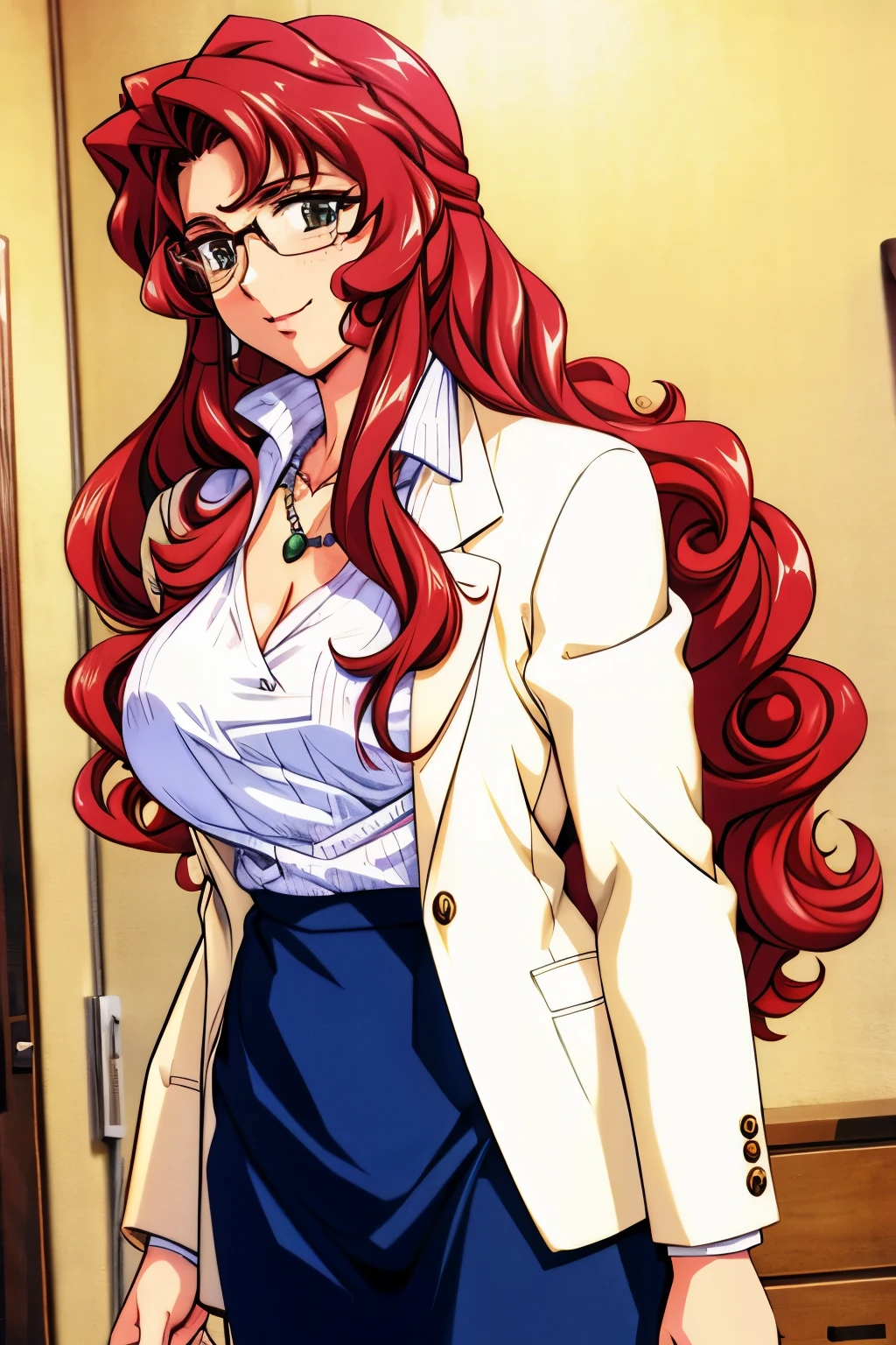 (final romance,rukawa saya,large breasts,ruby hair,long hair,wavy hair,long hair,Glasses,white shirt,yerrow suits,mature female),office,smile