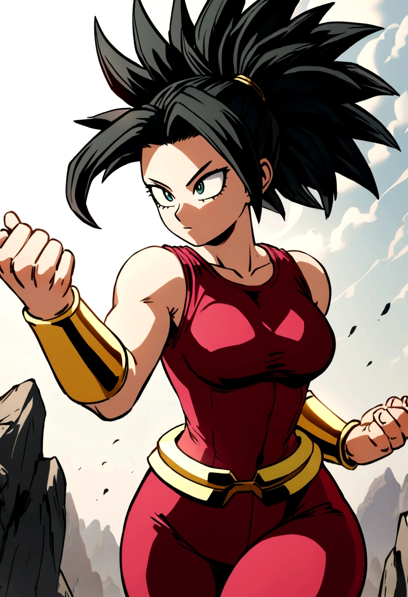 Kefla with black hair up in a ponytail, with red top and leggings, Boku no hero academia style