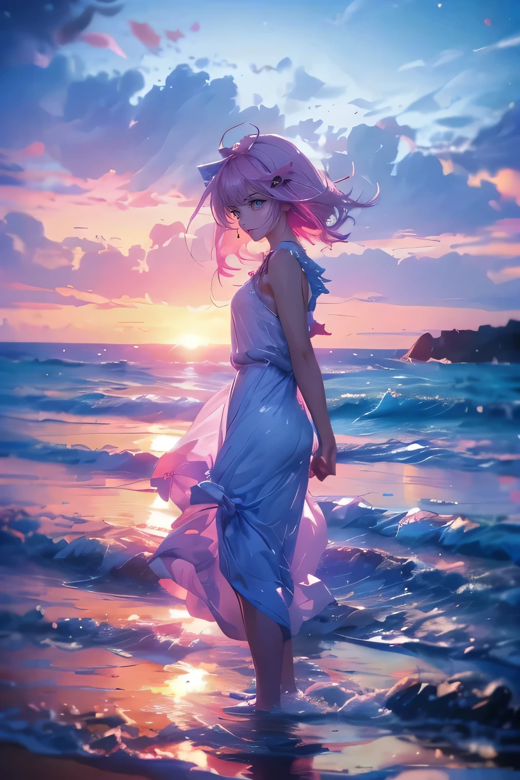 1girl,solo,cute,pink hair,white dress,in blue sea,beach,morning,sunrise