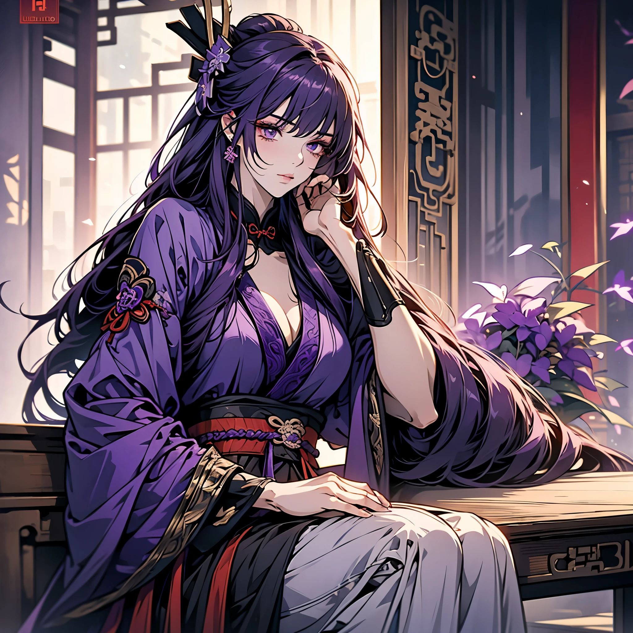 1 women, Raiden Shogun - genshin impact, long purple hair, violet eyes, violet chinese clothes, ultra long skirt, chinese room, portrait, sexy, uncovered chest tits