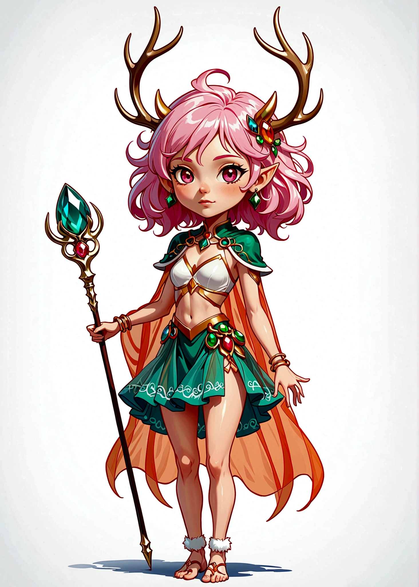 game character，Cartoon anime style，beautiful girl，Fluffy pink hair，Pink Eyes，antlers，Elf ears，Orange tulle short skirt，Metal gem-encrusted scepter，Slender legs，Standing barefoot，Bells on anklets。(((Correct human anatomy)))，White background
