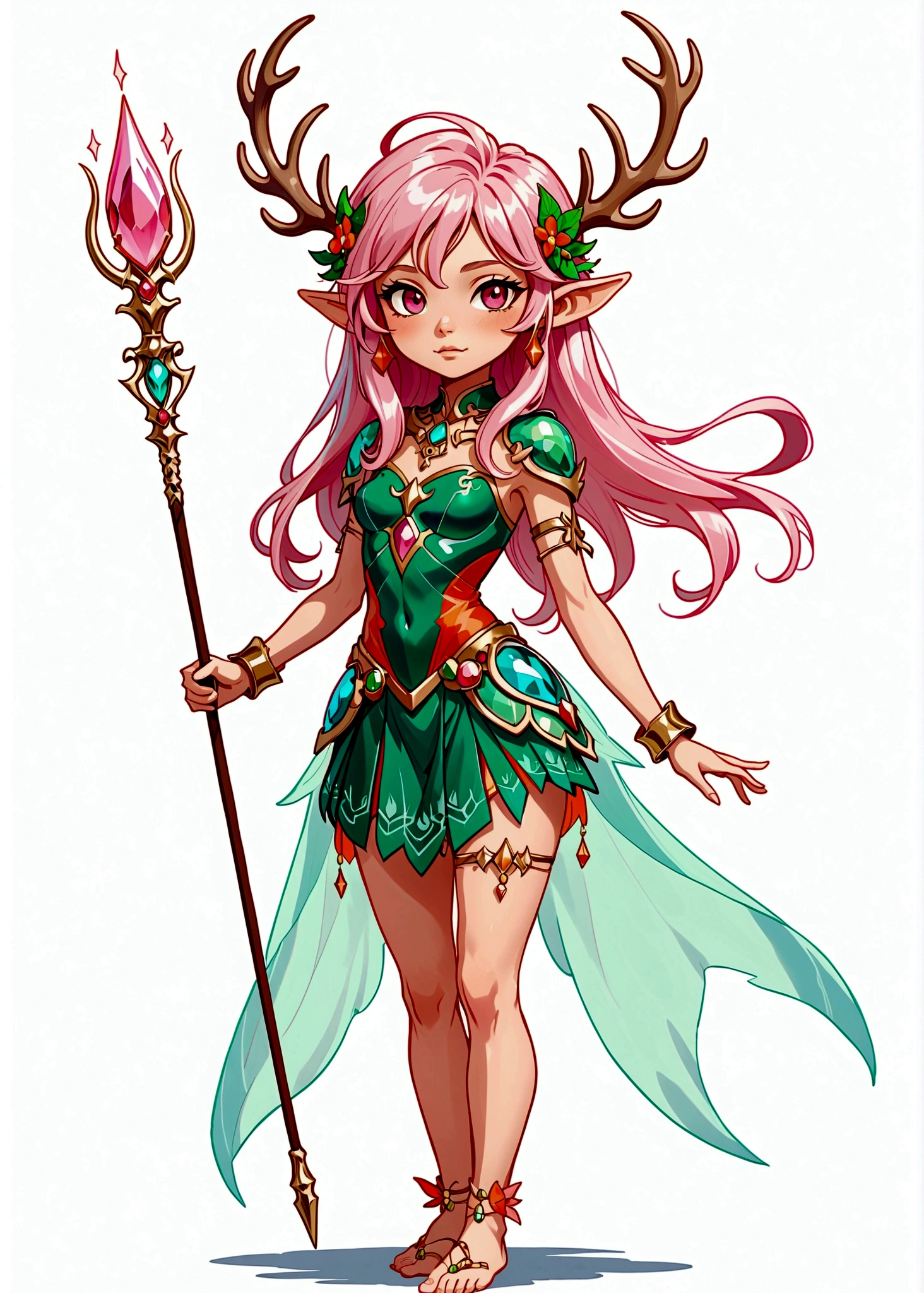 game character，Cartoon anime style，beautiful girl，Fluffy pink hair，Pink Eyes，antlers，Elf ears，Orange tulle short skirt，Metal gem-encrusted scepter，Slender legs，Standing barefoot，Bells on anklets。(((Correct human anatomy)))，White background
