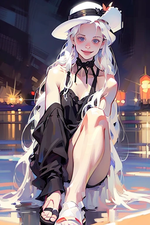 ((hyper-realistic illustration:1.3)),(black clothing:1.3).((beach)) at night. Cute 18 yo (albino:1.4)woman of Slavic descent.(short:1.1), , long white hair, gray eyes, ((very pale:1.4)). Innocent look. Gentle spirit.(virgin), (black bikini, sandals).hat,(joy),((smile)).Masterpiece, best quality(highly detailed:1.2),(detailed face and eyes:1.2), depth of field, 8k wallpaper, studio lighting, core shadows, high contrast, bokeh.