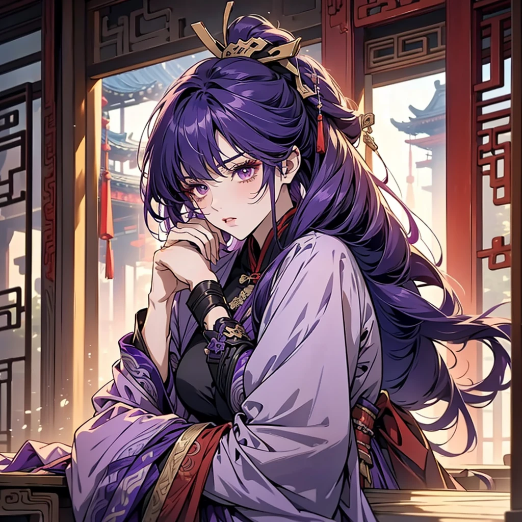 1 women, Raiden Shogun - genshin impact, long purple hair, violet eyes, violet chinese clothes, ultra long skirt, sitting at a table in chinese room
