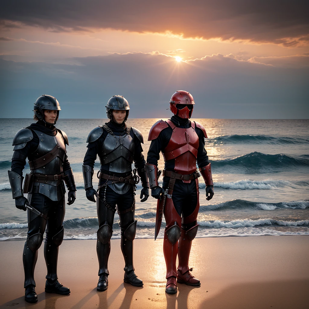 3d Lone warriors watching the sea, standing after the fight, background sunset,theme colour black,red,grey,in hand sword, face covered with helmet,mild air Breezing 