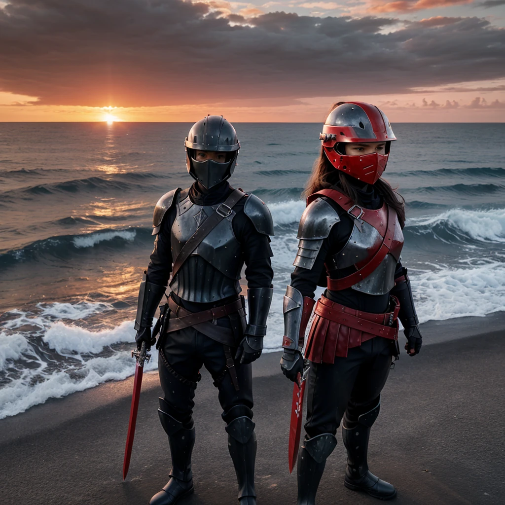 3d Lone warriors watching the sea, standing after the fight, background sunset,theme colour black,red,grey,in hand sword, face covered with helmet,mild air Breezing 