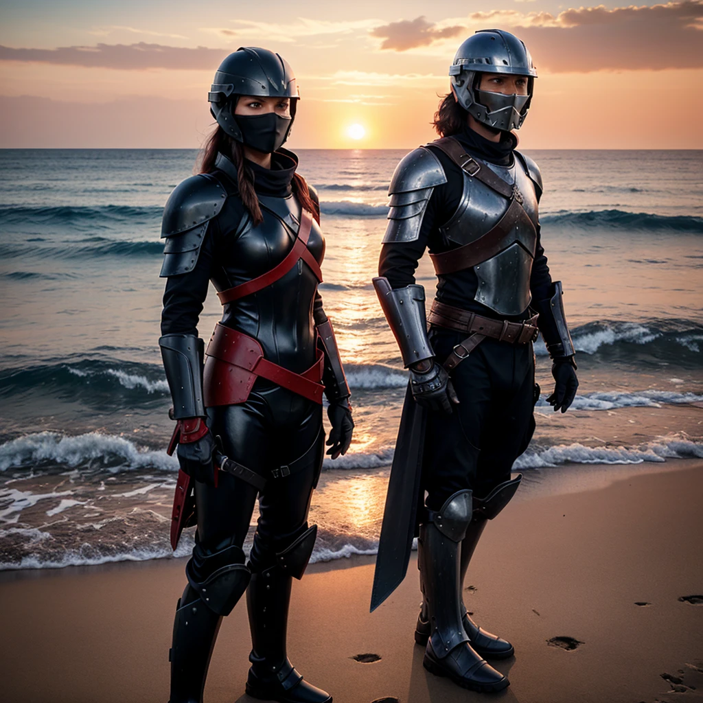 3d Lone warriors watching the sea, standing after the fight, background sunset,theme colour black,red,grey,in hand sword, face covered with helmet,mild air Breezing 