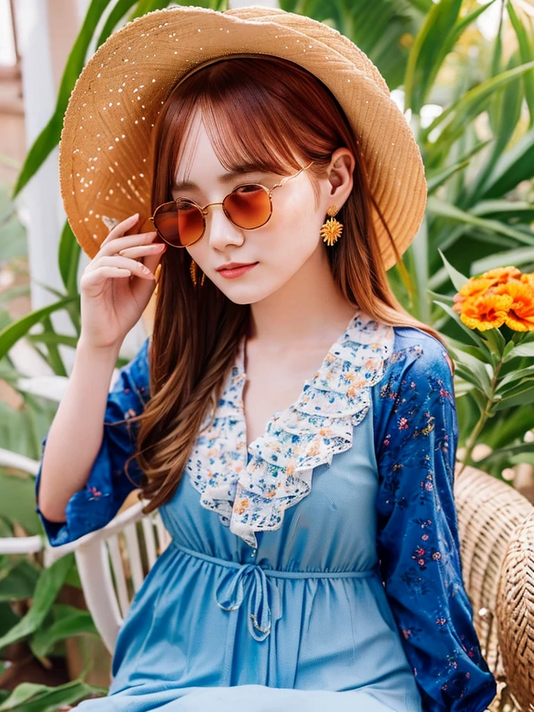 1girll, Solo, Extremely detailed eyes, starfish, seashell, shells, flower, Hat, hair adornments, jewelry, Straw hat, view the viewer, sunglasses, hatflower, drinking straw, hair pin, Earrings, Red flower, Colored glasses, yellowflower, bangs, English text, multicolored hair, orangeflower, Black hair, ring, Ccup, Long hair, orange-tinted eyewear, food, Brown hair, Portrait, shell hair ornament